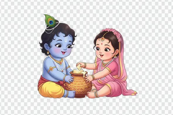 Little Krishna and Radha Sharing Butter Pot PNG