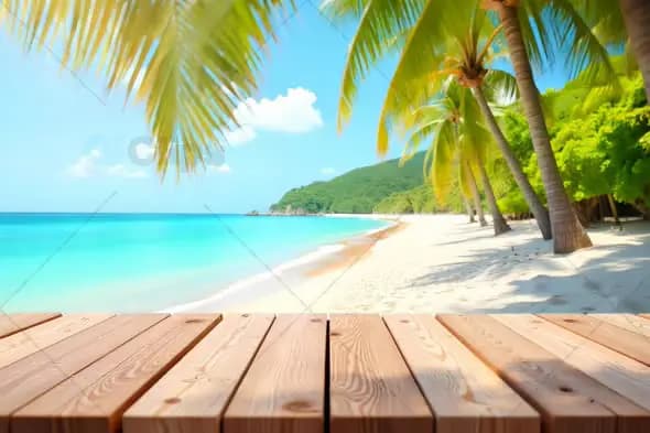 Tropical Beach Scene with Wooden Deck and Palm Trees