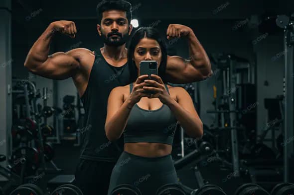 Fitness Power Couple: Gym Mirror Selfie