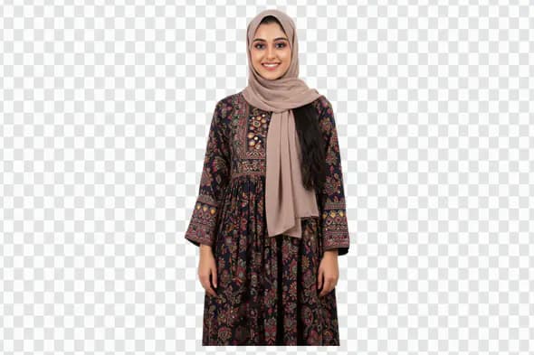 Smiling Woman in Floral Abaya and Hijab PNG