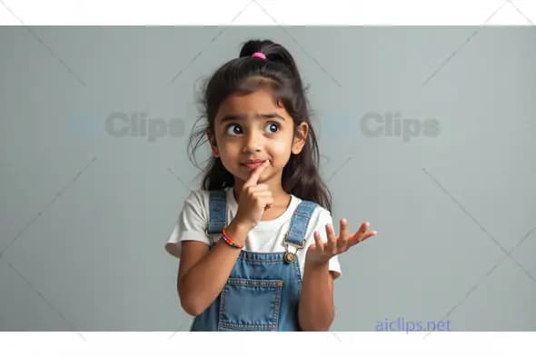 Thinking Young Girl in Denim Overalls