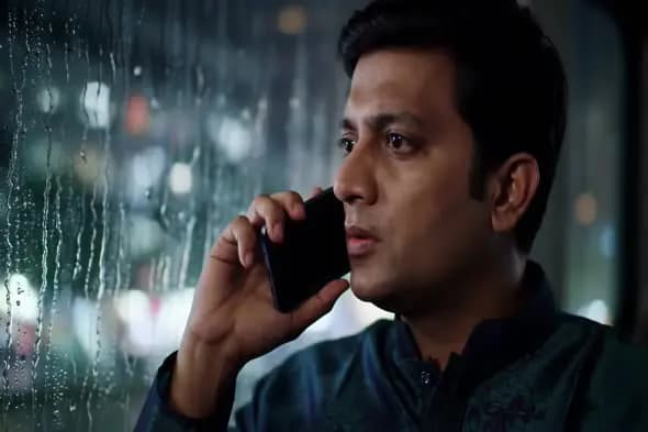 Pensive Man on Phone in Rainy Evening
