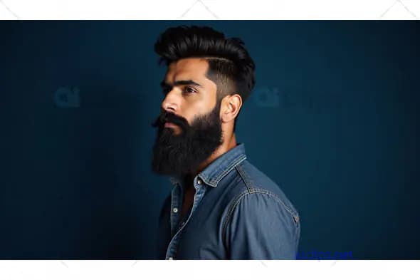 Side Profile of Bearded Indian Man with Styled Hair in Denim Shirt