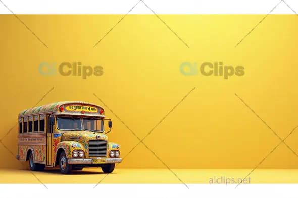 Traditional Indian Bus with Vibrant Artwork on Yellow Background