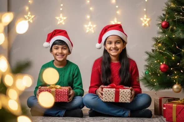 Excited Siblings with Christmas Presents