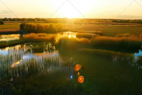 Aerial View of Serene Wetland Landscape at Sunset