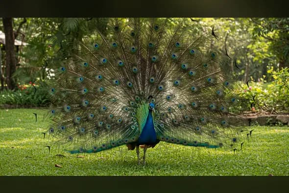 Majestic Peacock Displaying Full Plumage in Garden Setting