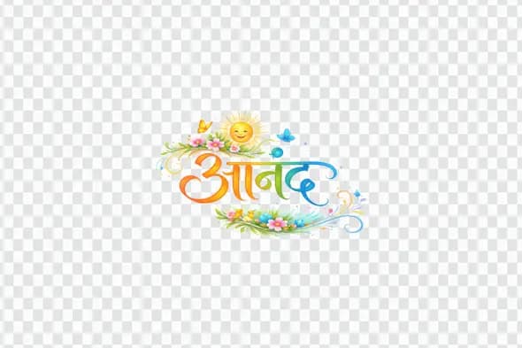 Joyful Anand Hindi Calligraphy with Sun Florals PNG