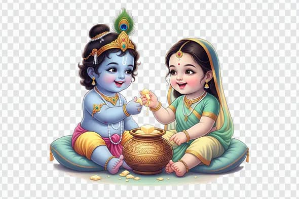 Baby Krishna and Radha Sharing Butter PNG