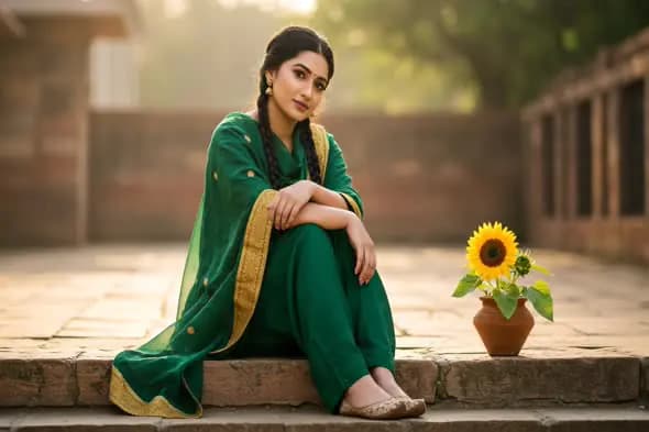 Woman in Green Suit with Sunflower