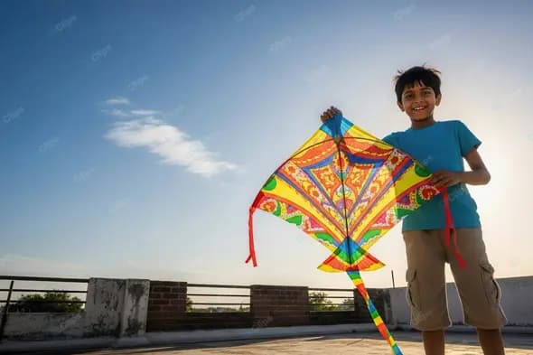 Joyful Indian Boy with Traditional Kite on a Rooftop