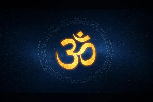 Golden Om Surrounded by Sanskrit Mantras in Space | AIClips Sacred Design