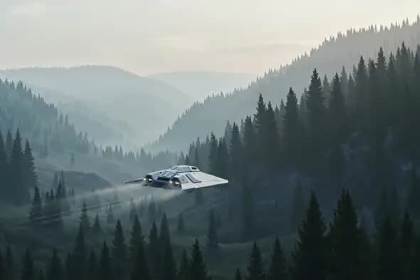 Futuristic Aircraft Soaring Through Misty Forest