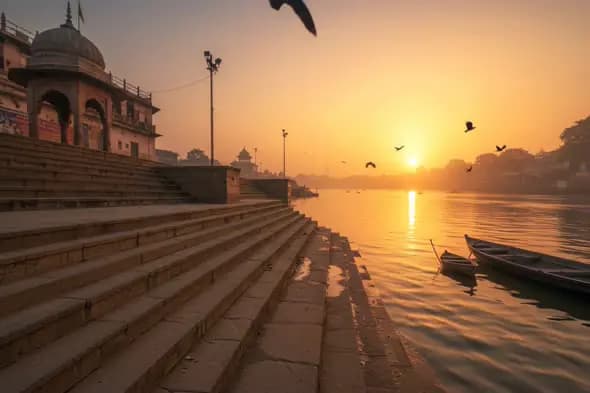 Sunrise at a Ghat on the Riverbank
