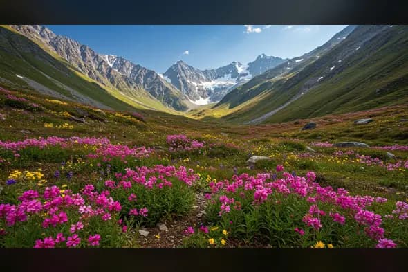 Colorful Himalayan Valley with Wildflowers and Snowy Peaks