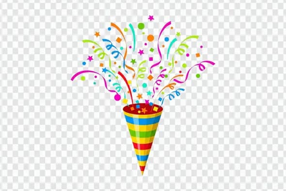 Exploding Striped Party Popper with Colorful Confetti Clipart PNG