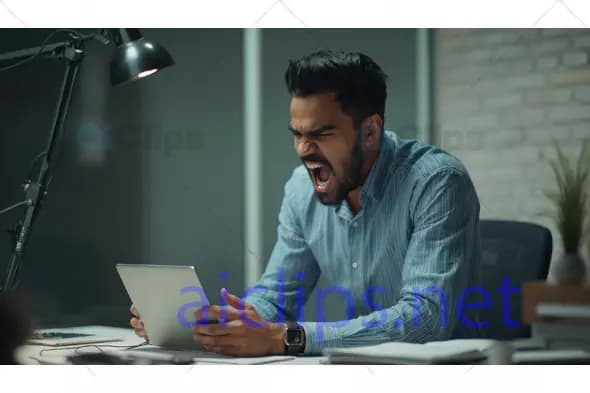 Frustrated Man Yelling at Tablet in Office