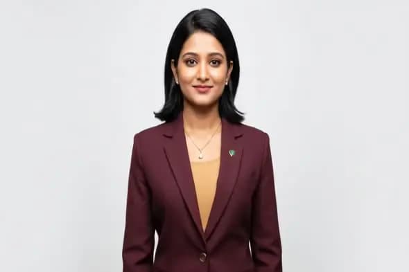 Professional Woman in Burgundy Blazer on White Background
