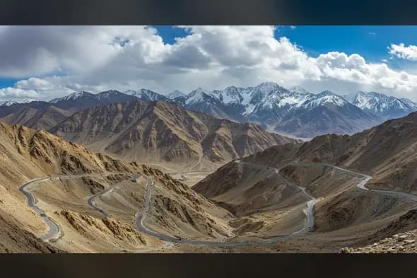 Winding Mountain Roads Amid Rugged Himalayan Terrain and Snow Peaks