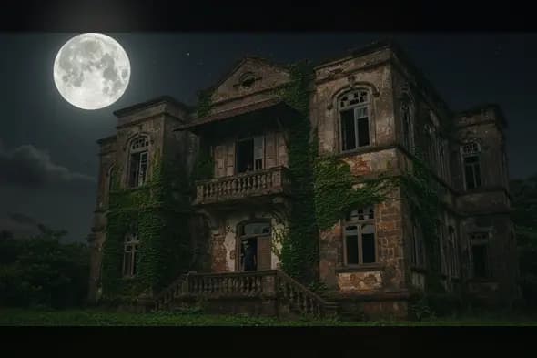 Full Moon Overgrown Mansion with Two Mysterious Figures at Night