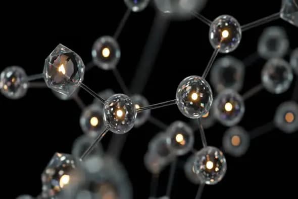 Futuristic 3D Molecular Network with Glowing Spheres and Black Background
