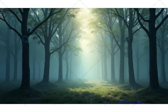 Sunlit Clearing in a Misty Forest