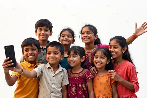 Cheerful Indian Children Taking Selfie