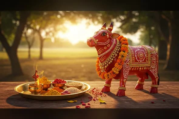 Golden Hour Pooja with Decorated Bull Idol (Bail Pola) and Fire Thali | AIClips Rural Devotion