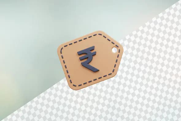 Indian rupee symbol on beige pentagon tag