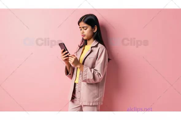 Young Woman Using Smartphone Against Pink Background