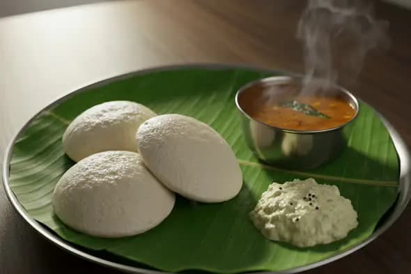 Steaming South Indian Idli Video with Sambar and Coconut Chutney