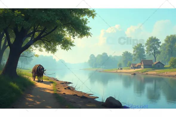 Tranquil Riverbank Scene with Ox Cart in Rural Countryside