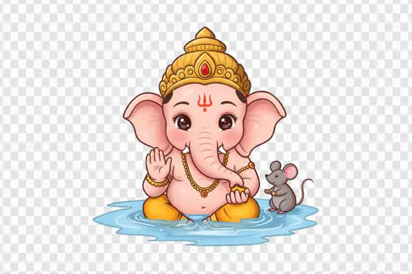 Cute Baby Ganesha Bathing with Mouse Friend PNG