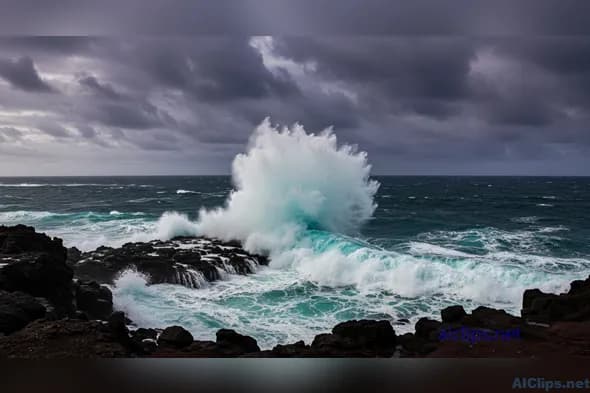 Dynamic Ocean Waves Crashing on Rocky Shore