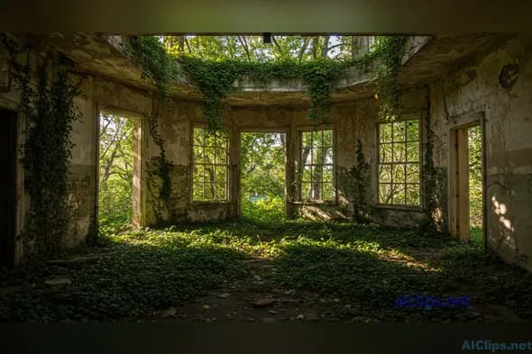 Serene Abandoned Room with Nature Overgrowth