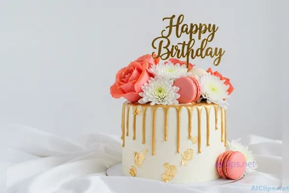 Elegant Birthday Cake with Flowers and Decorations