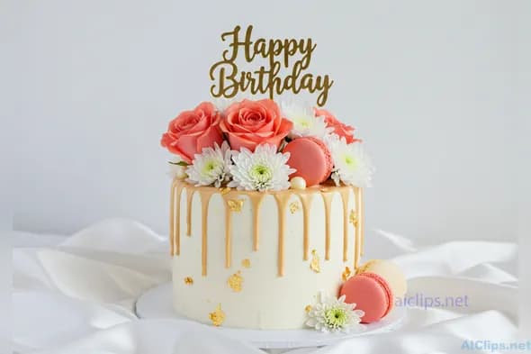 Elegant Birthday Cake with Flowers and Macarons