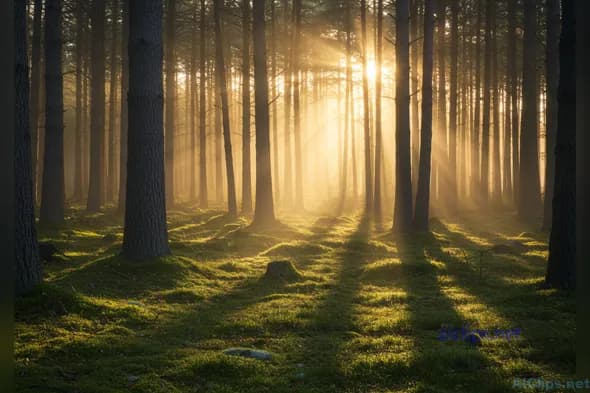 Serene Forest Landscape with Sunlight and Shadows