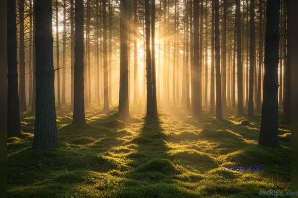Serene Forest Landscape with Sunlight and Fog
