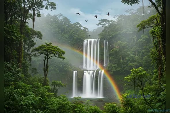 Serene Waterfall and Rainbow in Lush Jungle