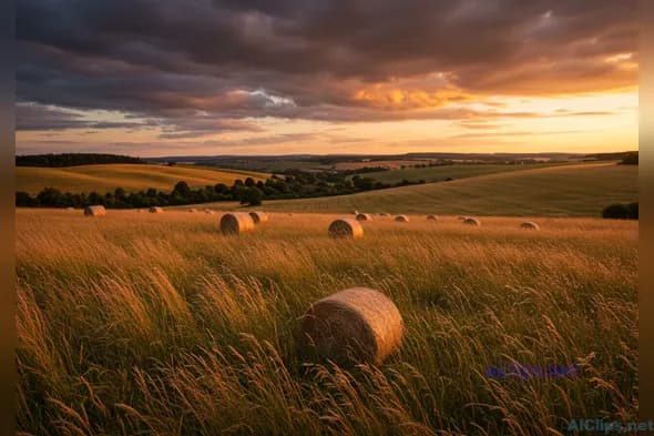 Scenic Sunset Over Rolling Hills with Hay Bales