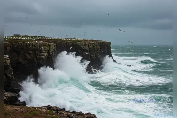 Dramatic Ocean Waves Crashing on Coastal Cliffs