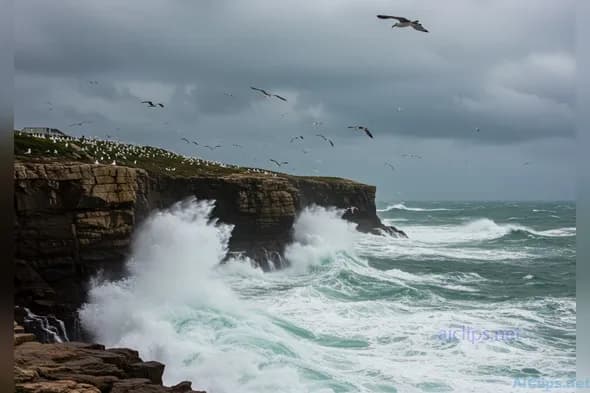 Dynamic Coastal Landscape with Birds and Waves