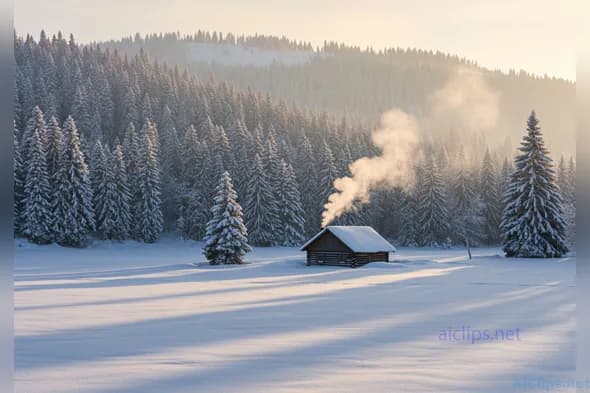 Serene Winter Cabin in Snowy Landscape