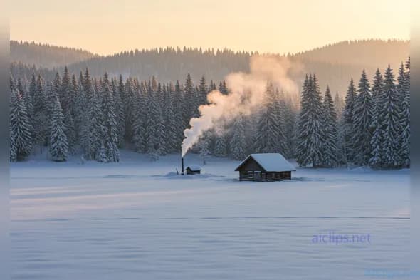 Serene Winter Cabin in Snowy Forest Landscape