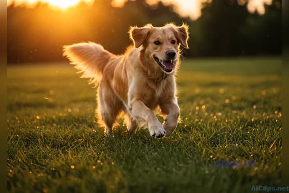 Happy Golden Retriever Playing in Golden Hour