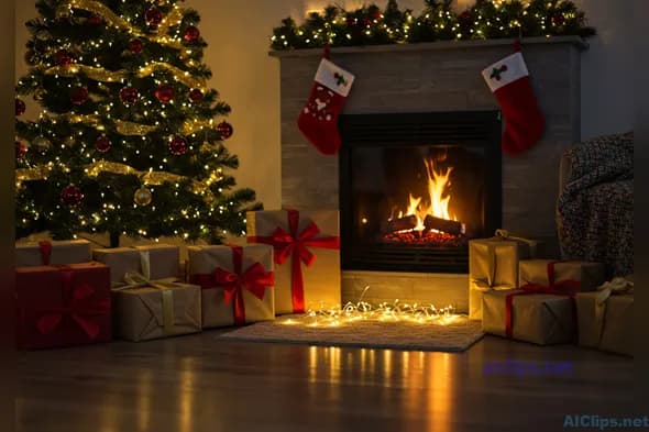 Cozy Christmas Living Room with Presents and Fire