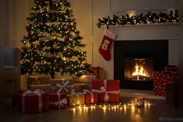 Cozy Christmas Scene with Decorated Tree & Gifts