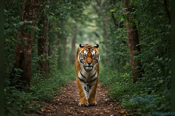 Majestic Tiger Walking Through Lush Forest