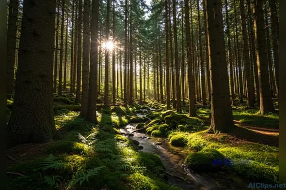Tranquil Forest Landscape with Sunlight and Stream